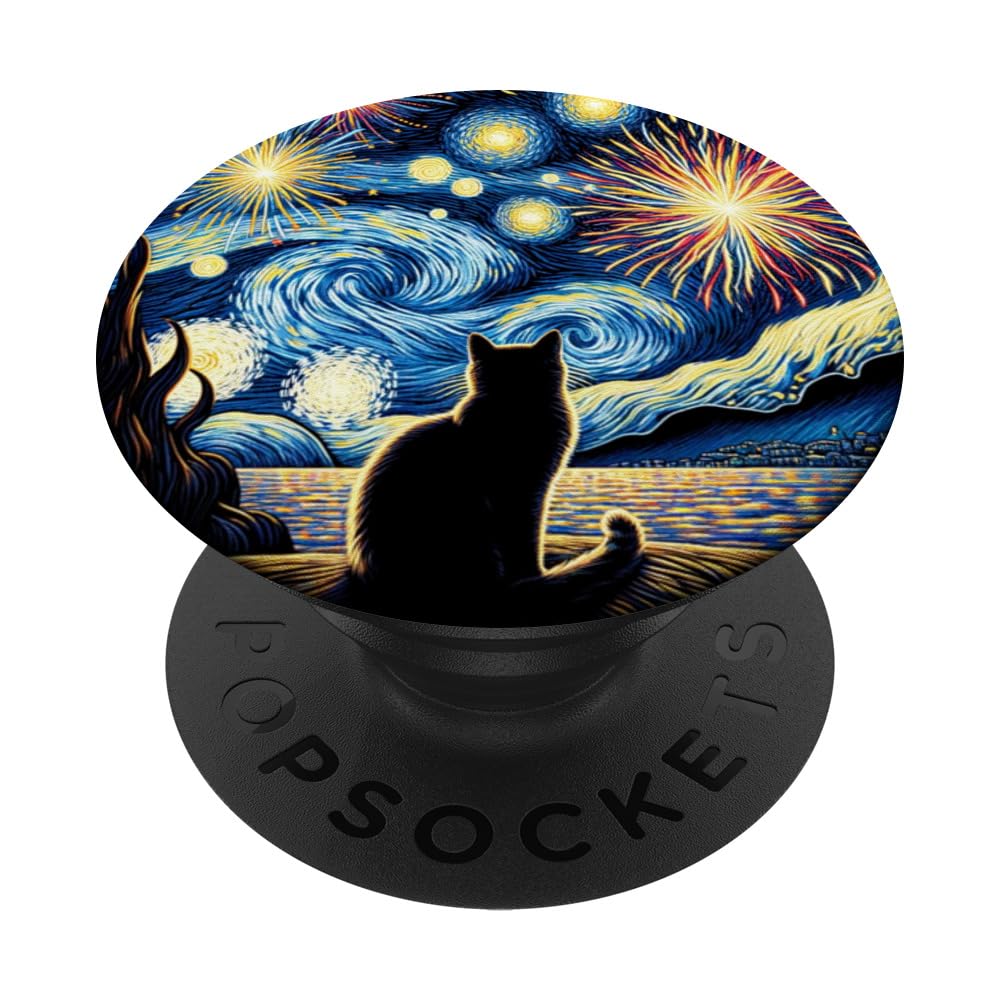 Cat Lover July 4th Van Gogh Starry Night Cat Cat Fireworks PopSockets Standard PopGrip