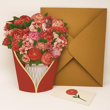 3D Flower Bouquet Card, Colorful Peony Greeting Card with Envelope and Note Card for Birthday, Mothers Day, Get Well, Anniversary