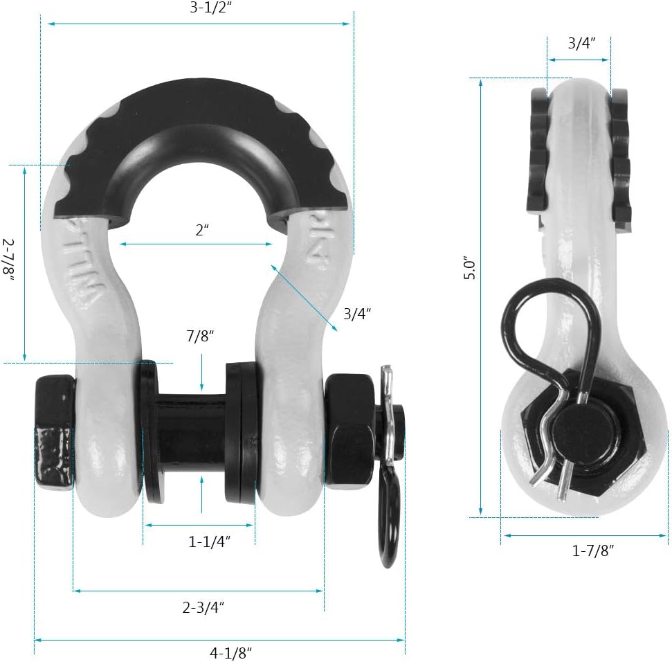 Shackles 3/4 Inch D Ring Shackle (2 Pack) 45,000lb Break Strength with 7/8 Inch Pin, Isolator and Washer Kits for Use with Tow Strap, Winch, Off-Road Jeep Truck Vehicle Recovery, White - Image 3