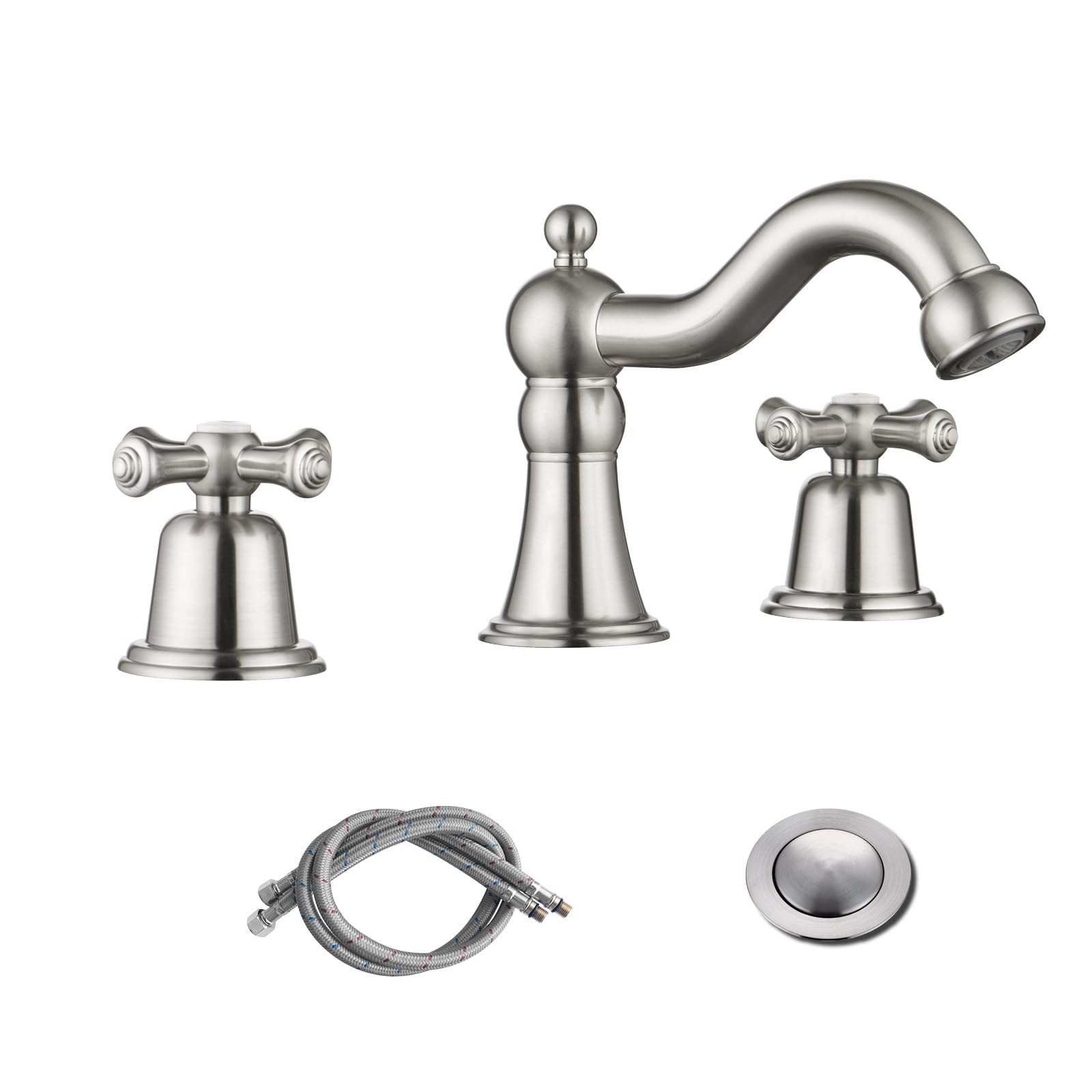 RKF 8" Widespread Bathroom Faucet – Brushed Nickel, 3-Hole With Drain & Pop-Up