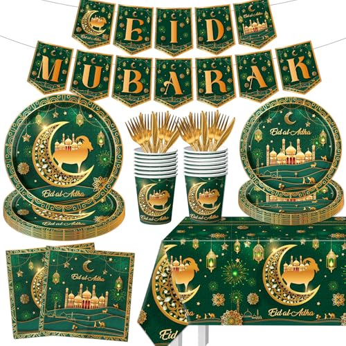 Eid Mubarak Decorations 142pcs Eid Al Adha Tableware Include Ramadan Plates Cups Set Tablecloth Banner for Muslim Theme Ramadan Party Supplies Severs for 20 Guests