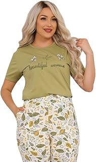 Summer Pajamas for Women Girls Soft Cotton 2 Piece Embroidered T-Shirt and Plaid Pants