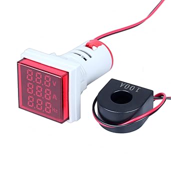 Amp Voltage Hertz Meters, Digital 3-in-1 22mm Square Multifunction Indicator Ammeter Voltmeter Hz Current LED Meter Tester Signal Lights AC60-500V 0-100A 20-75HzRed