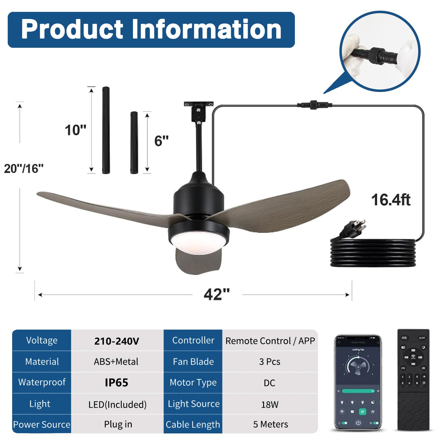 106CM Außen Deckenventilator mit Beleuchtung IP65 Wasserdicht Outdoor Deckenleuchte mit Ventilator LED Dimmbar Ventilatorlicht und Fernbedienung Ventilator Deckenlampe für Garten Balcón Innen Aussen