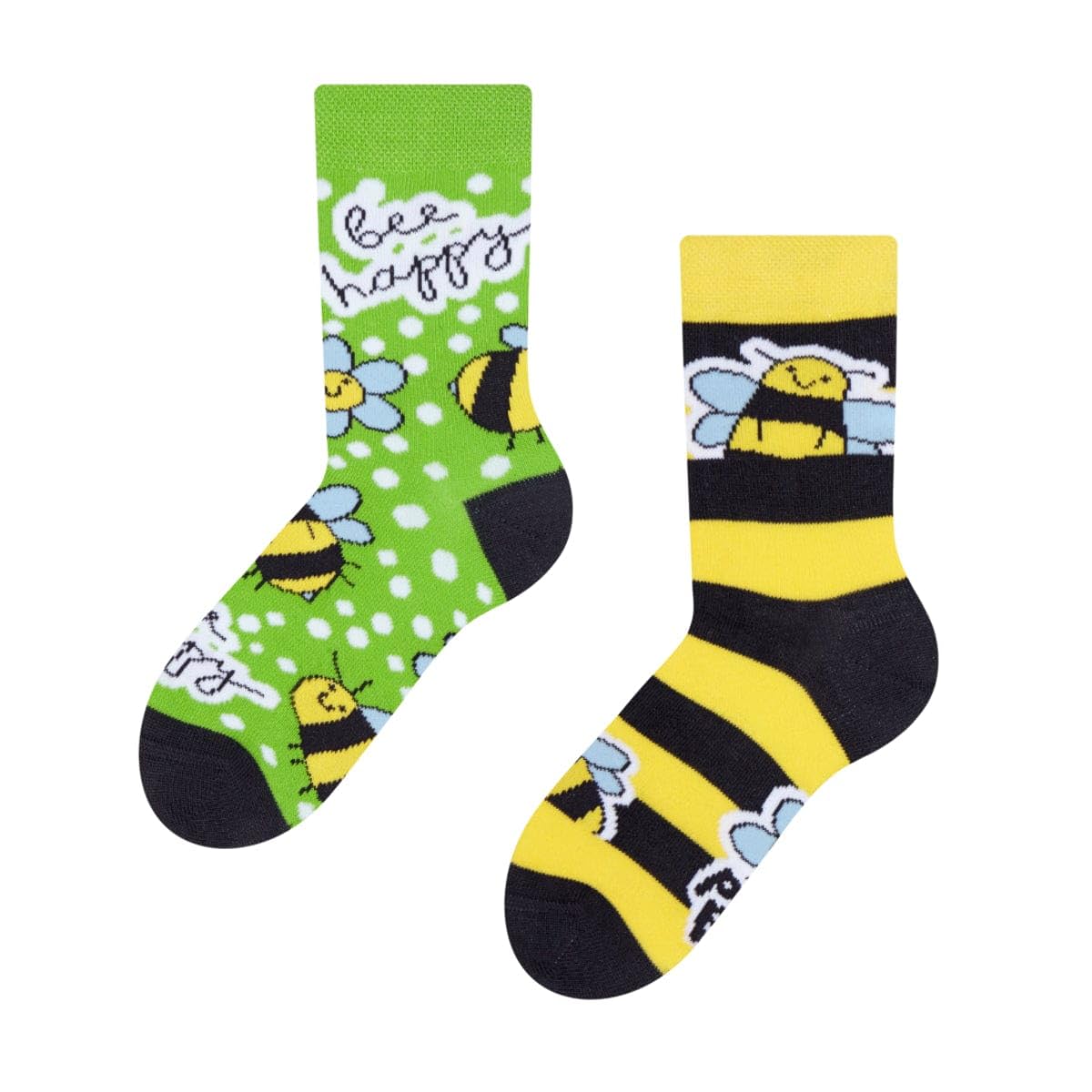 Dedoles Unisex Socks for Women, Men & Kids Cotton Funny Designs Football Bicycle Horses Plants Firefighter Gift Mismatched, Design: Bee Happy, Colour: Green, Size: 12K-2 UK