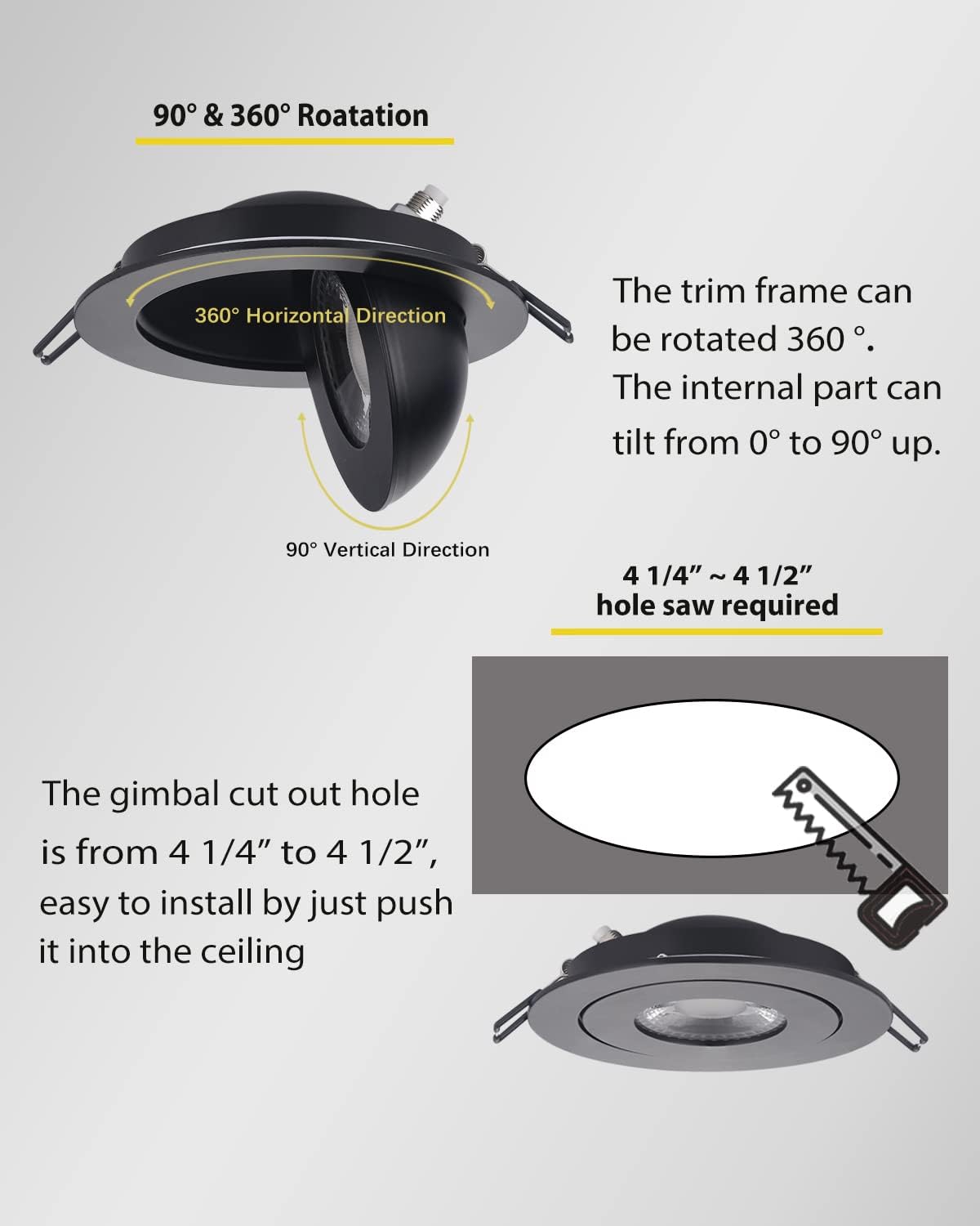 Gimbal LED Recessed Light - 4 Inch Black 9W 360° Rotation Directional Adjustable Eyeball Sloped Ceiling Recessed Lighting 4 inch Light Wafer Soffit Indoor Spotlight Canless Black 4 inch 6 Pack - Image 9
