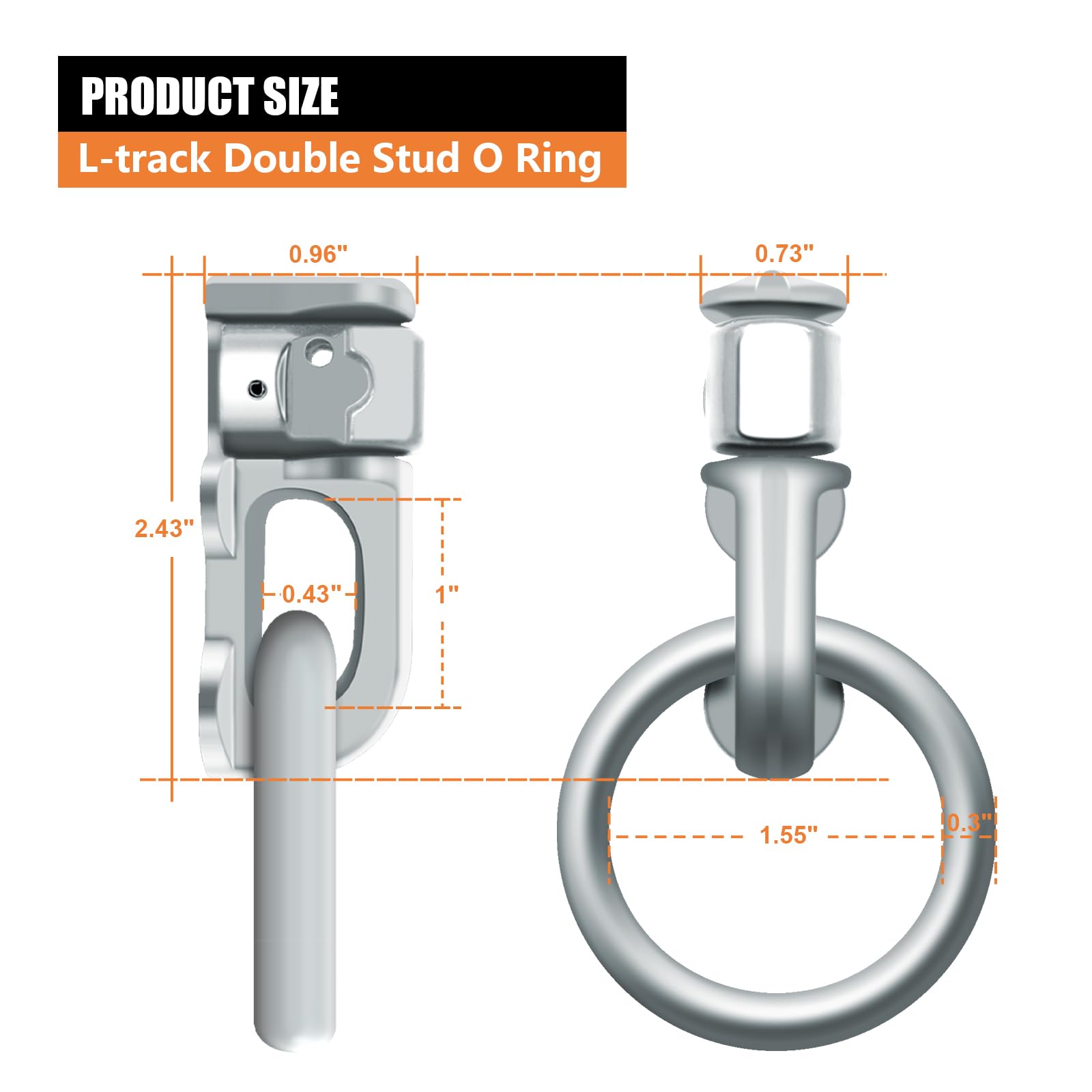 SALUINOKI 8Pack L Track Double Stud Tie Down Fitting with O Ring Silver, L Track Tie Down, L-Track Accessories for Truck Bed,Trailer Cargo Control,Pickup, RV, ATV Breaking Load 5500Lbs