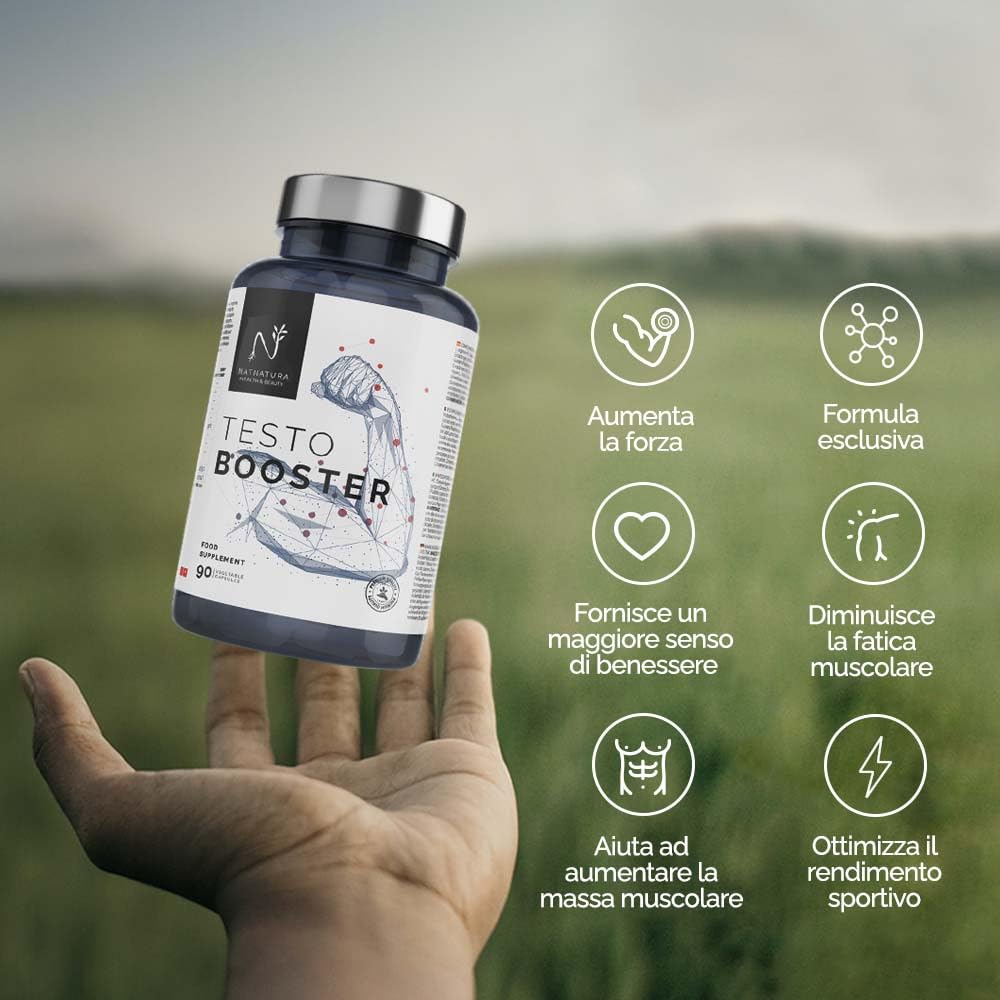 Testosterone Uomo. Potenziatore di testosterone naturale. Aumenta forza, massa muscolare e rendimento sportivo. 90 capsule vegetali. Vegano e senza glutine.