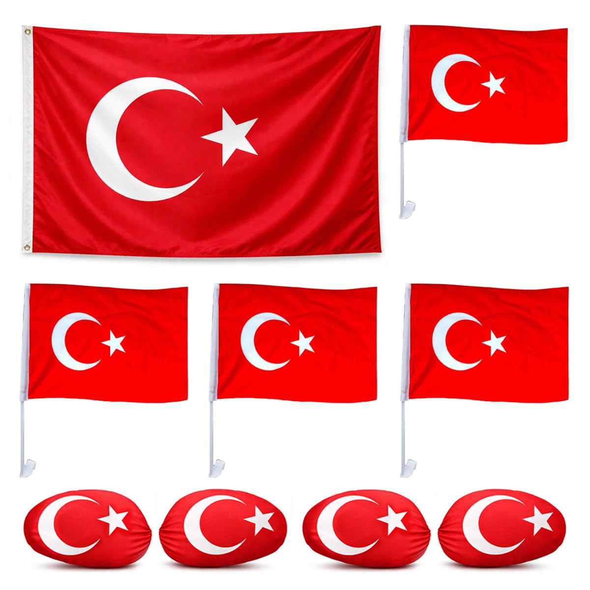 Murago - Türkei Autodeko Fan Set 9-teilig - Autofahnen Fahne Flagge Auto Bayrak Fanartikel WM Spiegelfahne Autofensterfahne