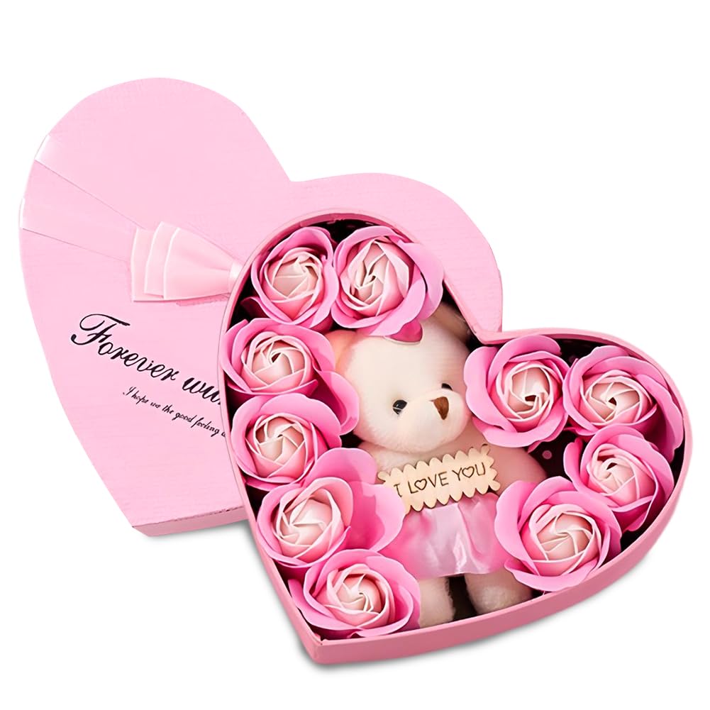 Yupdfgb Pink Artificial Rose Box, Teddy Bear With Rose Gift Box, Soap Flower Soap Rose Flower Fake Flower Gift Boxes Forever Rose Gifts Romantic Gift For Mother's Day Valentine's Day Wedding