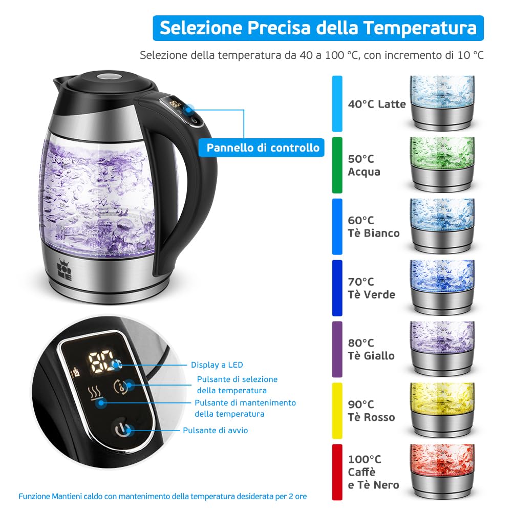 FOR ME Bollitore Elettrico in Vetro 1,8 L, Controllo della Temperatura, Temperatura Selezionabile da 40°C a 100°C, Illuminazione a LED a 7 Colori, Funzione di Mantenimento Caldo, Senza BPA