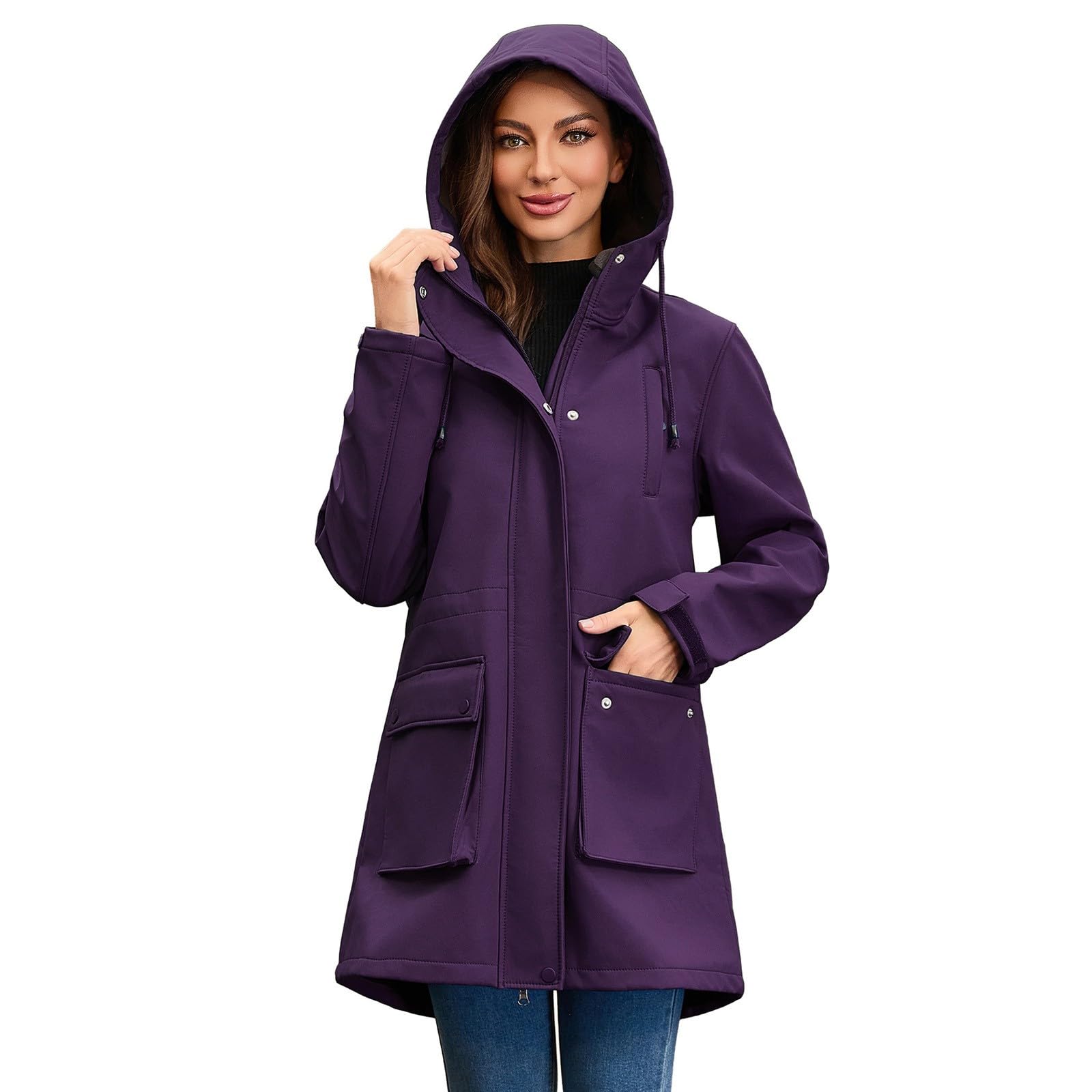 Generisch Trench da donna lungo con cappuccio, impermeabile, in softshell, antivento, per le mezze stagioni, traspirante, con cappuccio, giacca funzionale, elegante cappotto leggero per attività