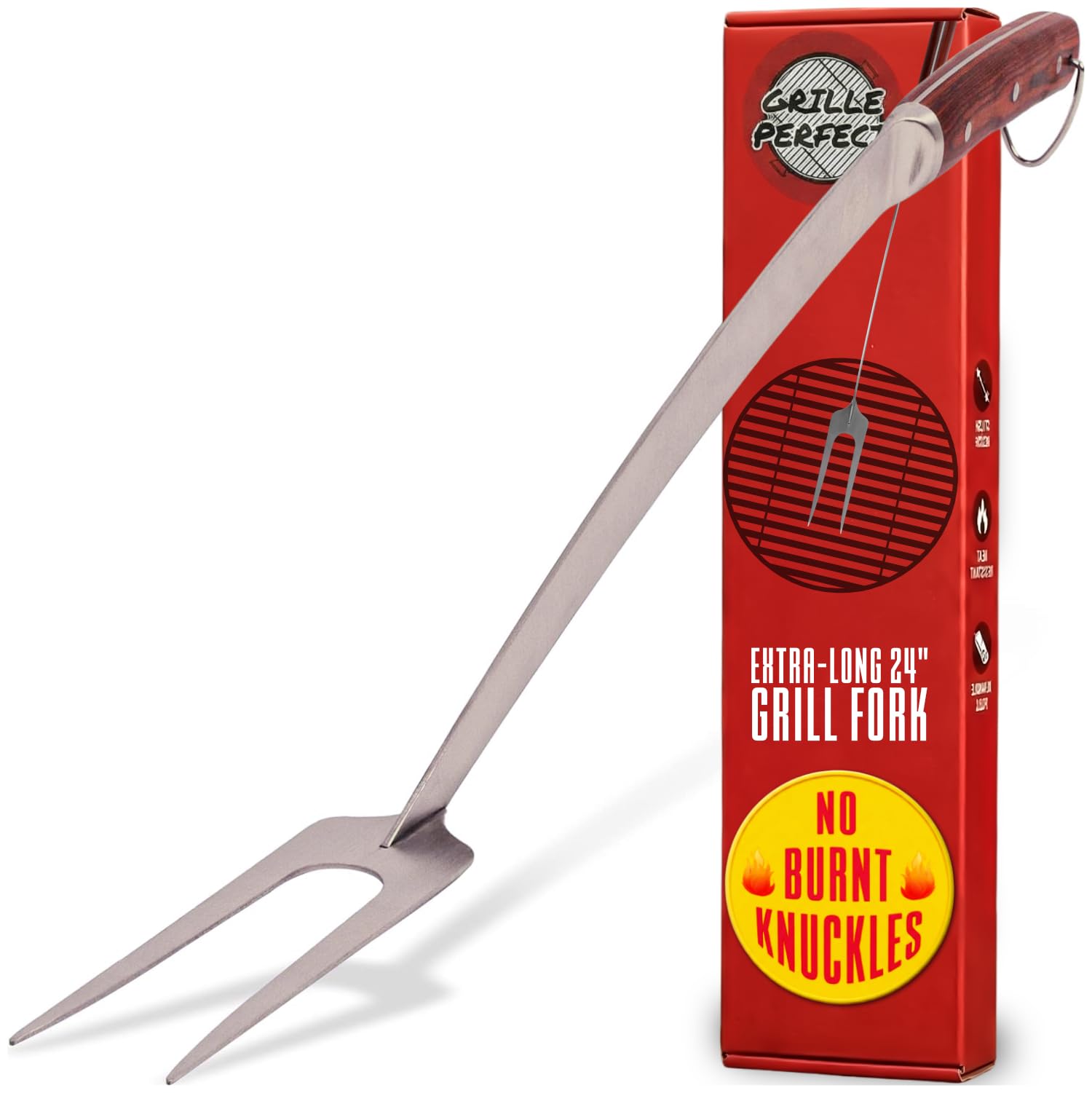 Grill Fork 24-inch Super Long for Grilling Barbecue Griddle and Fire Pit Extra Strong Curved Neck Premium Hardwood Handle Large Stainless Steel Tines for BBQ Outdoor Kitchen and Grilled Food