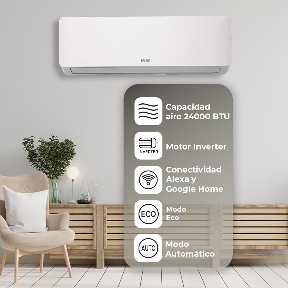Svan Aire Acondicionado Split, 24000 BTU SAAS2401W. Bomba de Calor, Mando a Distancia, Temporizador, Clasificación Energética A++