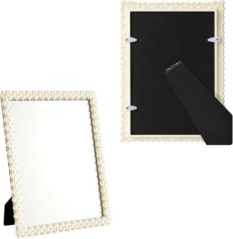 Espejo de maquillaje de tocador adornado con perlas, 8.1 “L x 5.9” W (blanco1) | Espejo de maquillaje con cuentas decorativo, diseño de mesa elegante, espejo de perlas