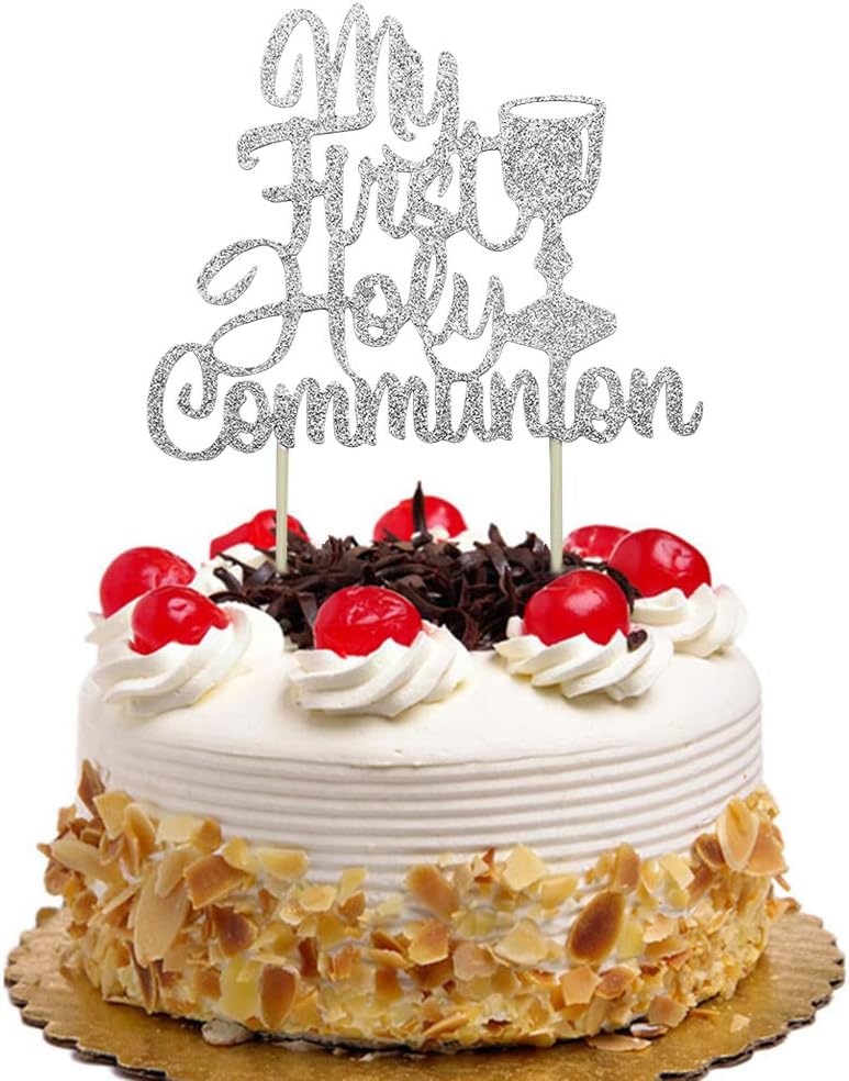 My First Holy Communion Cake Topper for Kids Birthday, Baby Shower, Wedding Baptism Christening Party Decorations Silver Glitter