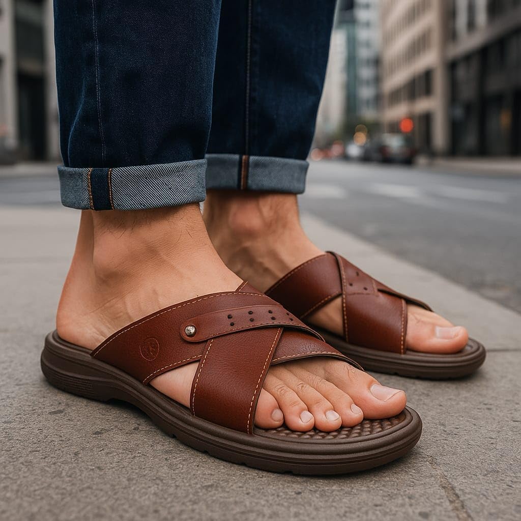 Chinelo Papete Ortopédico Anatômico Anti Stress Masculino Couro Legítimo Em Tiras Chinelo Papete Ortopédico Anatômico Anti Stress Masculino Couro Legítimo Em Tiras