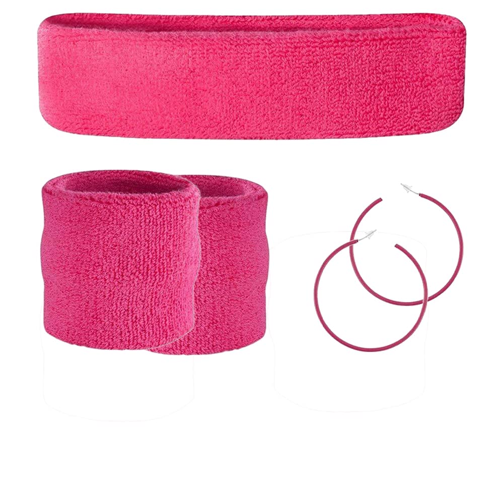 RichMoho Girls 80s Party Headband & Wristbands 80S Sweatband Set Neon Pink Retro 80's Headband & Wrist Sweatband Neon 80S Fun Run Team Building Event Fancy Dress