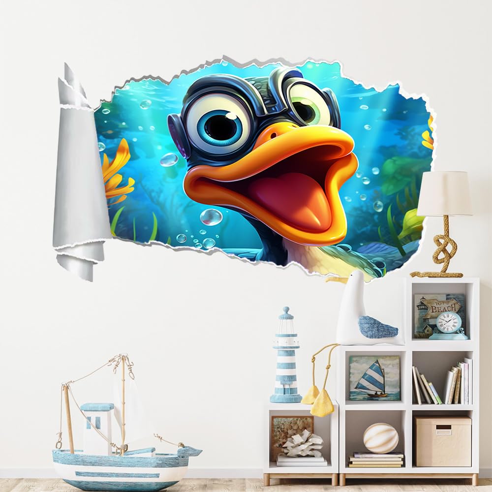3D Durchbruch Wandtattoo Mädchen Kinderzimmer Enten-Cartoon Wandaufkleber Dekorative Meereskorallen Wandsticker für Junge Teenager Zimmer Wohnzimmer Schlafzimmer Wandbilder Deko