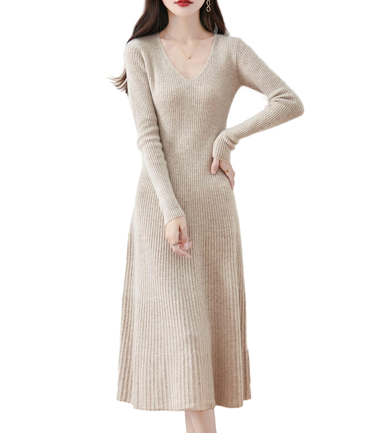 Womens Sweater Dress 100 Merino Wool Pullover Long Sleeve V Neck Knitted Slim Tops