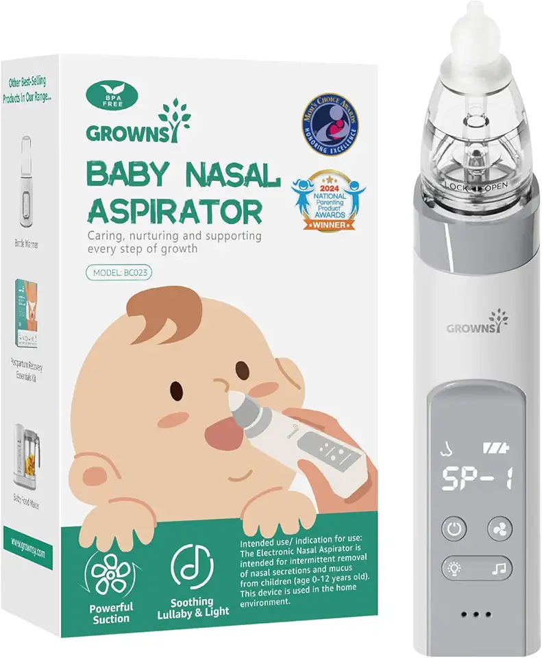 GROWNSY Nasal Aspirator for Baby, Baby Nose Sucker Pro with 3 Soft Silicone Tips, Adjustable Suction, Electric Nose Suction for Baby, Built-in Music &amp; Light Soothing