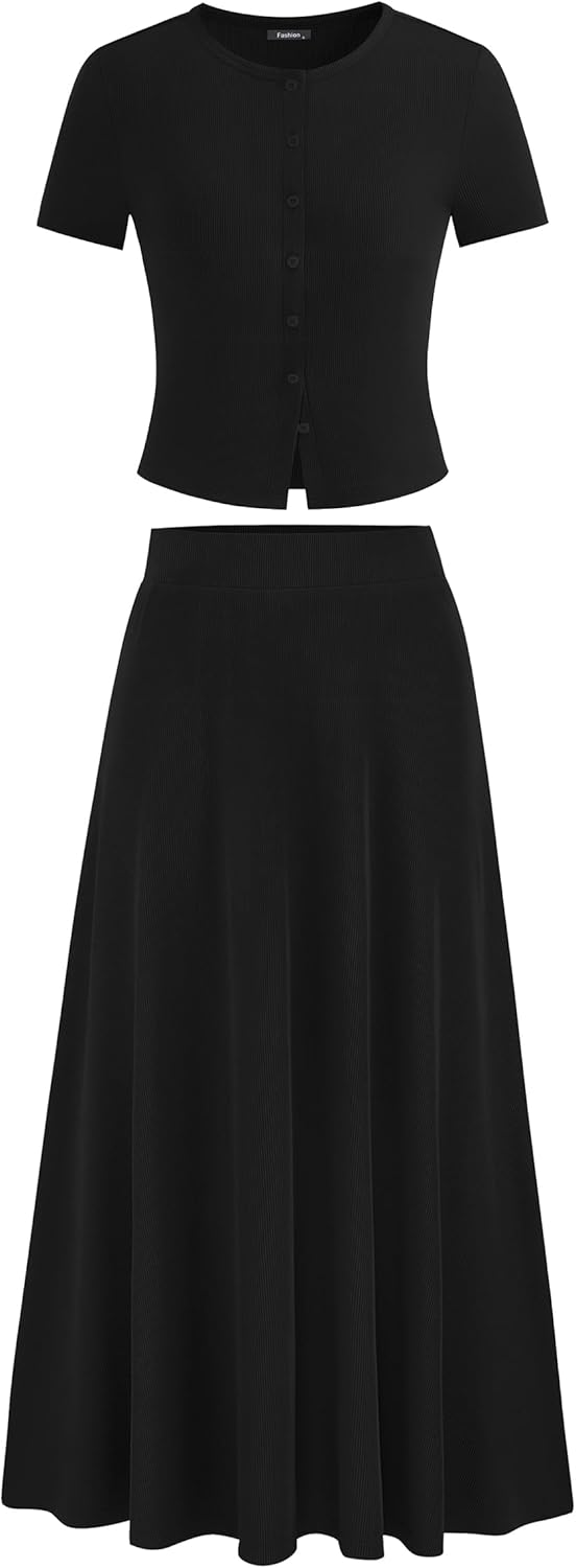 PRETTYGARDEN Women's 2 Piece Skirt Sets Summer Short Sleeve Button Up Knit Crop Top Flowy Maxi Skirts Travel Vacation Outfits Black Medium