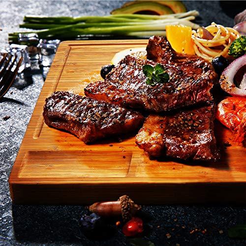 HHXRISE Large Bamboo Cutting Board With 3 Built-In Compartments And Juice Grooves - Kitchen Chopping Board With Tray Handle for Meat (Butcher Block) Cheese and Vegetables (L 17 x 12.6")