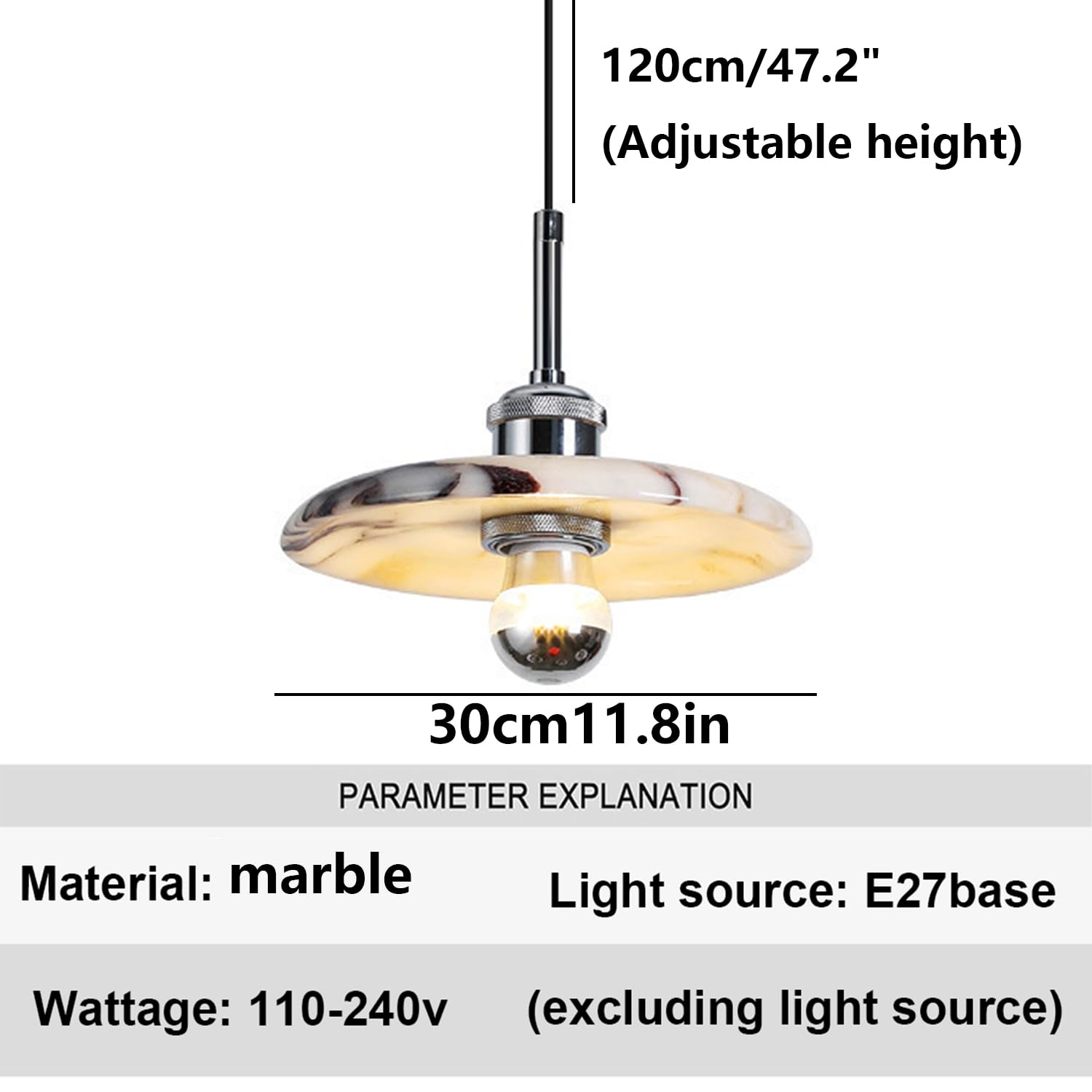 Lampada a sospensione in marmo naturale in stile spagnolo a in pietra di metà secolo Lampadario a testa singola Plafoniera con venature lucidate a mano(30cm)