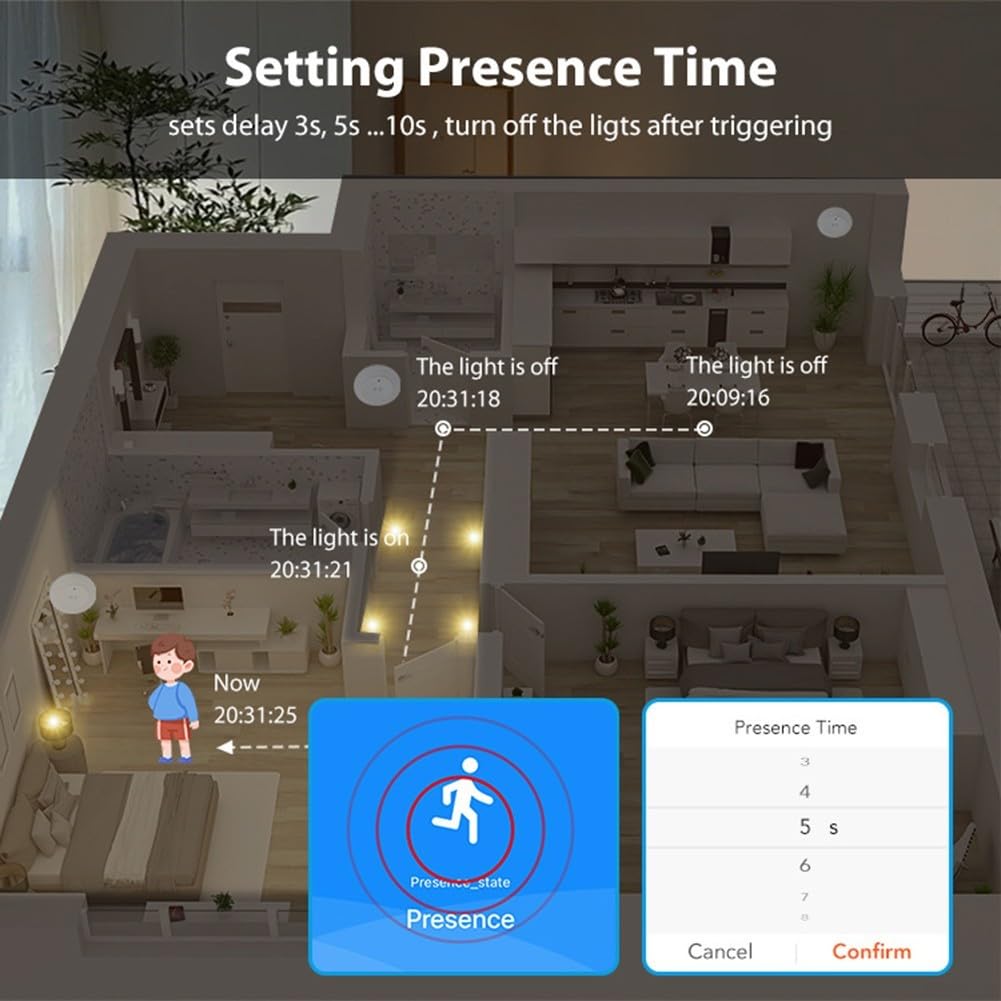 Capteur de présence humaine WiFi 24 GHz, capteur de détection avec détection de lumière, détection de mouvement humain et présence statique, pour automatisation de sécurité domestique