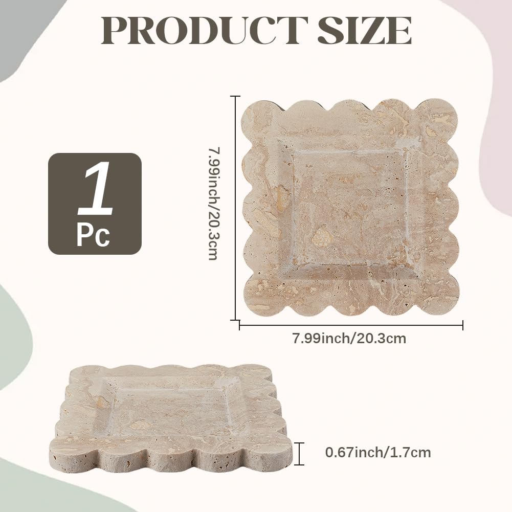 CREATCABIN Bandeja Decorativa de Travertino Bandeja de Mármol para Joyas Bandeja Cuadrada Beige para Tocador de Baño Soporte para Platos de Cocina Borde Festoneado de Almacenamiento 20.3x20.3x1.75cm