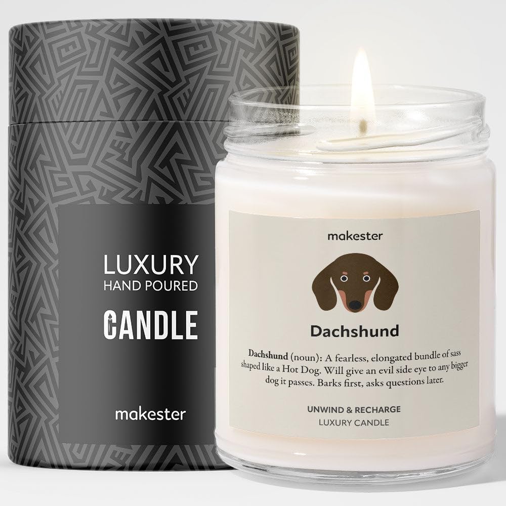 Makester Dachshund Candle - Over 100+ Breeds - 220g Soy Wax - Madagascan Vanilla & Jasmine - Sausage Dog Gift for Christmas or Birthday - Dog Lover Candles