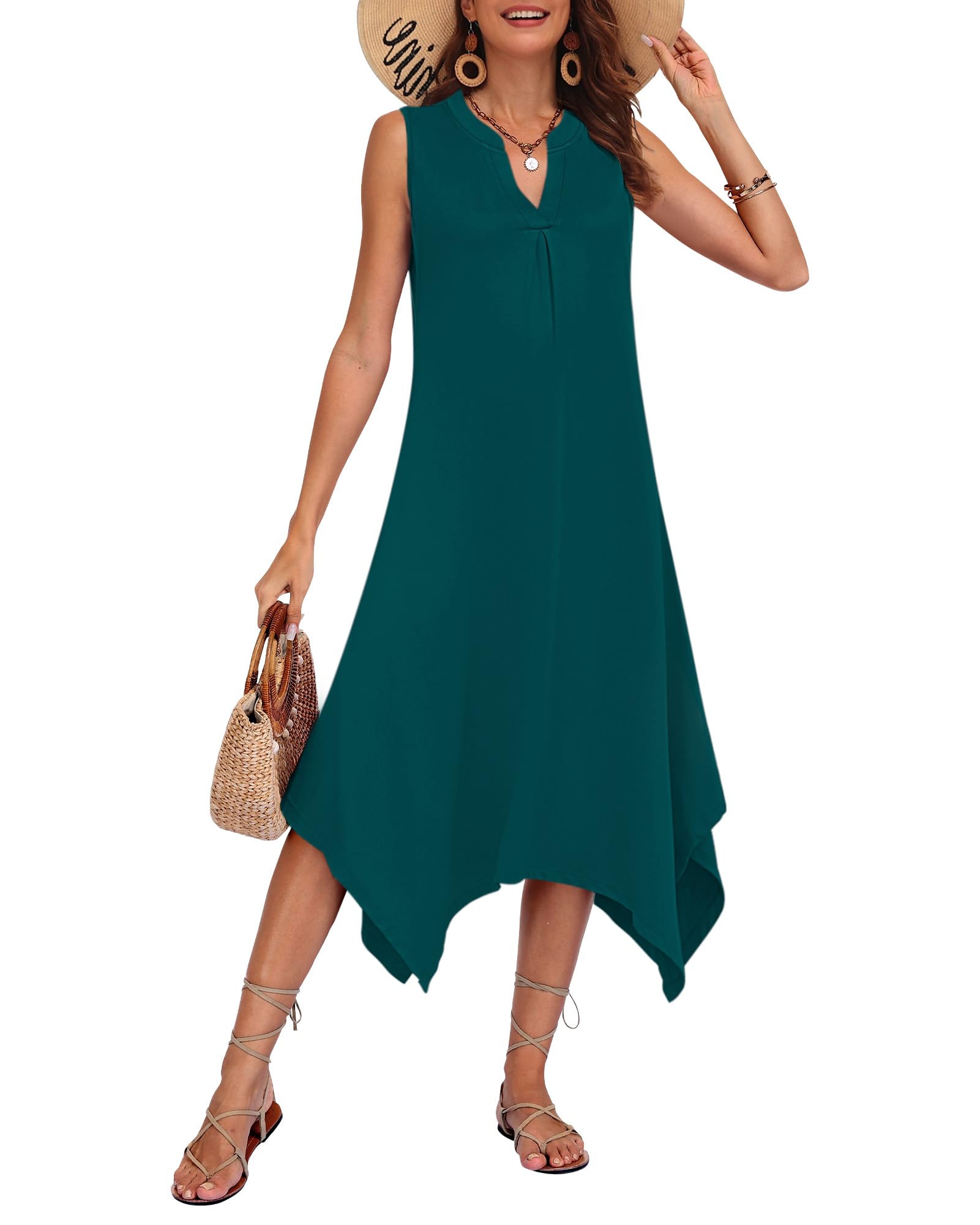 AUSELILY Womens Summer Midi Dress V Neck Sleeveless Casual with Pockets