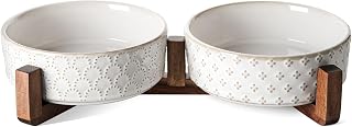 LETAUCI Ceramic Dog Bowl Set with Acacia Wood Stand - 1.5 Cup Dual Puppy Bowls for Small Dogs & Cats, Non-Slip Weighted Base