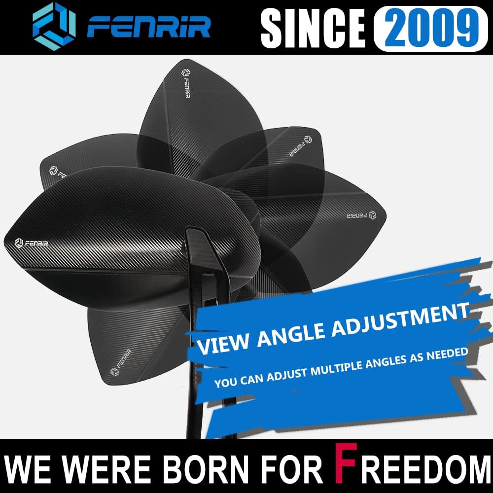 Image showing the range of view angle adjustment for the FENRIR motorcycle mirrors.