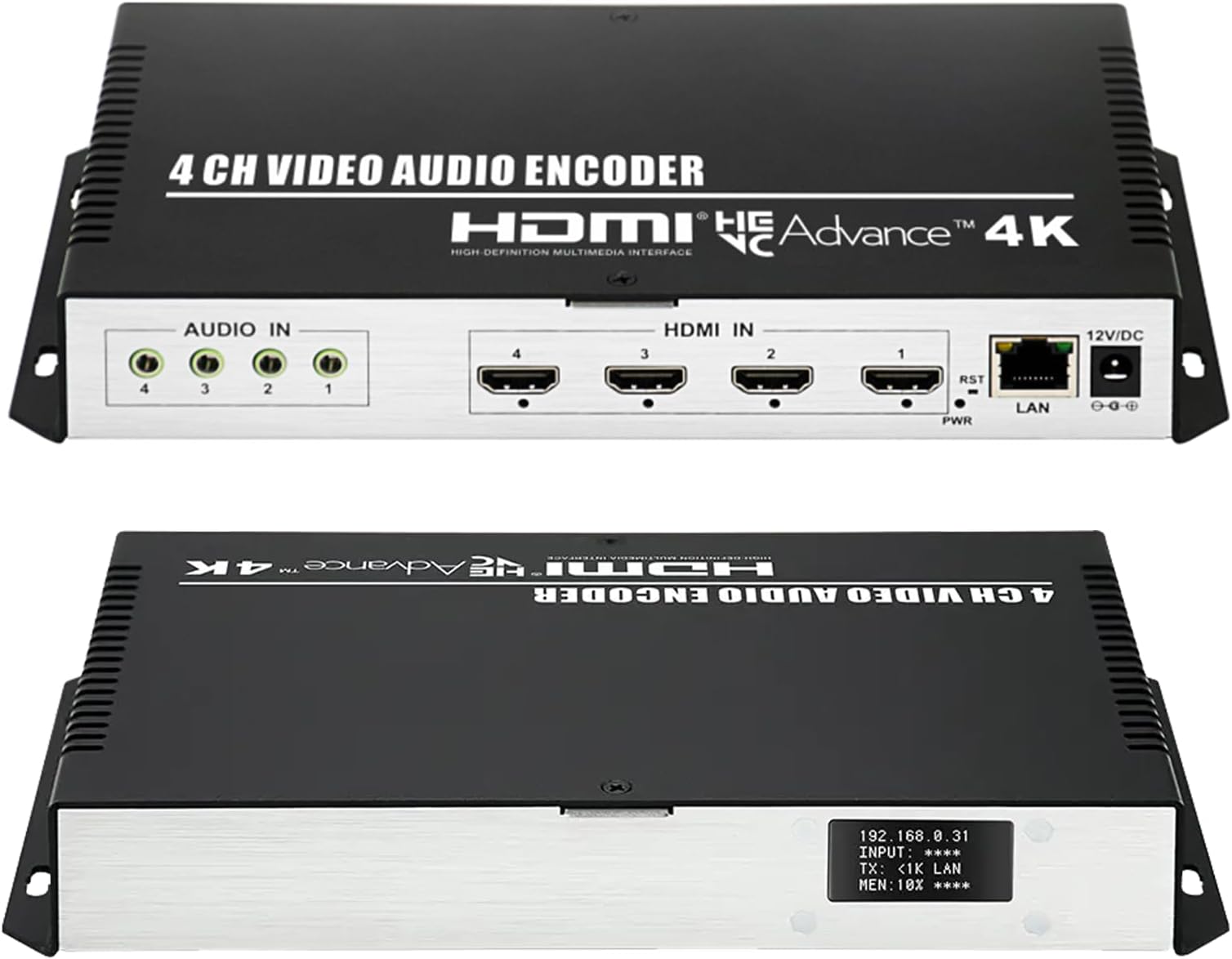 4 Channel 4K H.265 264 MJPEG HDMI Video Encoder with Screen, Max 16 Streams Output, Extra Audio HTTP RTSP RTMP RTMPS SRT UDP RTP IPTV video Encoder for Live Streaming Facebook YouTube Twitch
