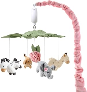 Peanutshell Wildest Dreams Pink Crib Mobile for Girls - Musical Rotating Safari Animals, 12 Lullabies, Nursery Decor