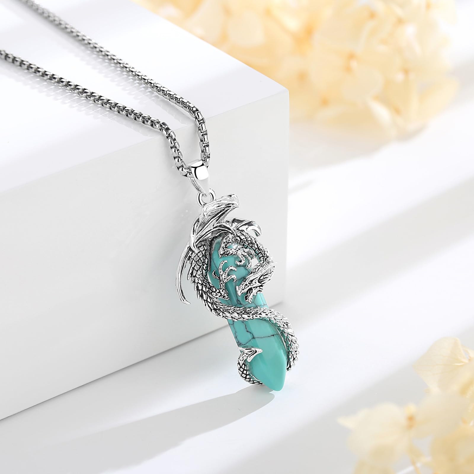 Argento Placcato Collana con Drago Rame per Donna, Cristallo Curativo Ossidiana/Quarzo Rosa/Ametista/Malachite/Turchese Ciondolo Amuleto Protezione Regalo Gioielli, 22"