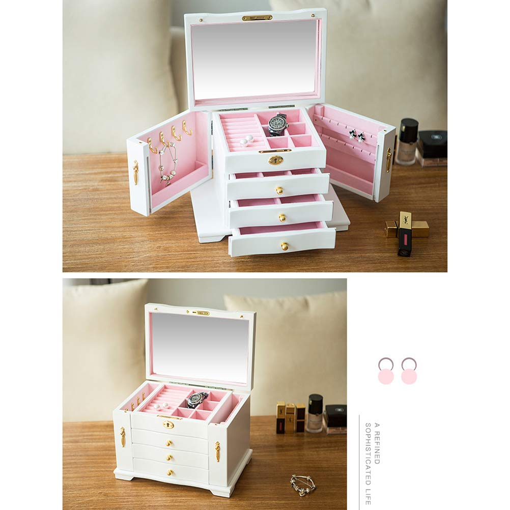 Joyero Grande de Madera con Cerradura, Elegante Organizador para Anillos, Pendientes, Pulseras, Regalo Ideal para Amigos y Familiares, Madera de Pino, 27,8 * 18,8 * 19,7 CM (Blanca)