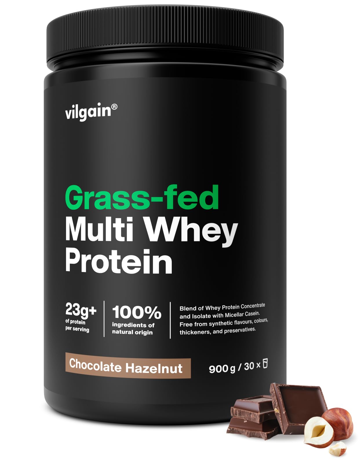 Vilgain Grass-Fed Multi Whey Protein Chocolate Hazelnut 900 g| 3 Protein Sources for Extended Release | Digestive Enzyme Complex | Natural Stevia Sweetened Shake | Low Sugar & Fat | 23g Protein