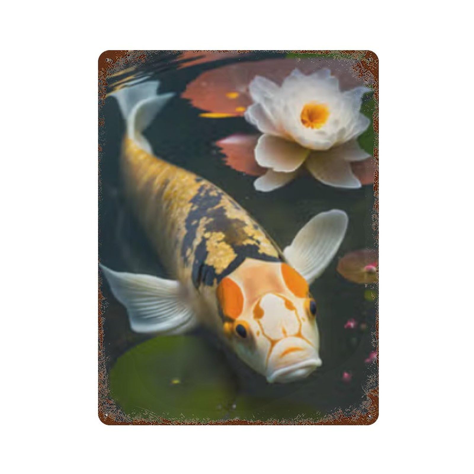 Koi Fish Pond Decor Rust Effect Tin Sign 15.7"x11.8", Vintage Wall Decor for Garage, Pub Or Kitchen