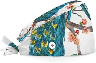 Bouffant Scrub Caps Printed Working Surgical Cap Winter Peacock Branches Nurse Hats with Buttons and Sweatband Adjustable Tie Back Hat for Women Men Multi Color