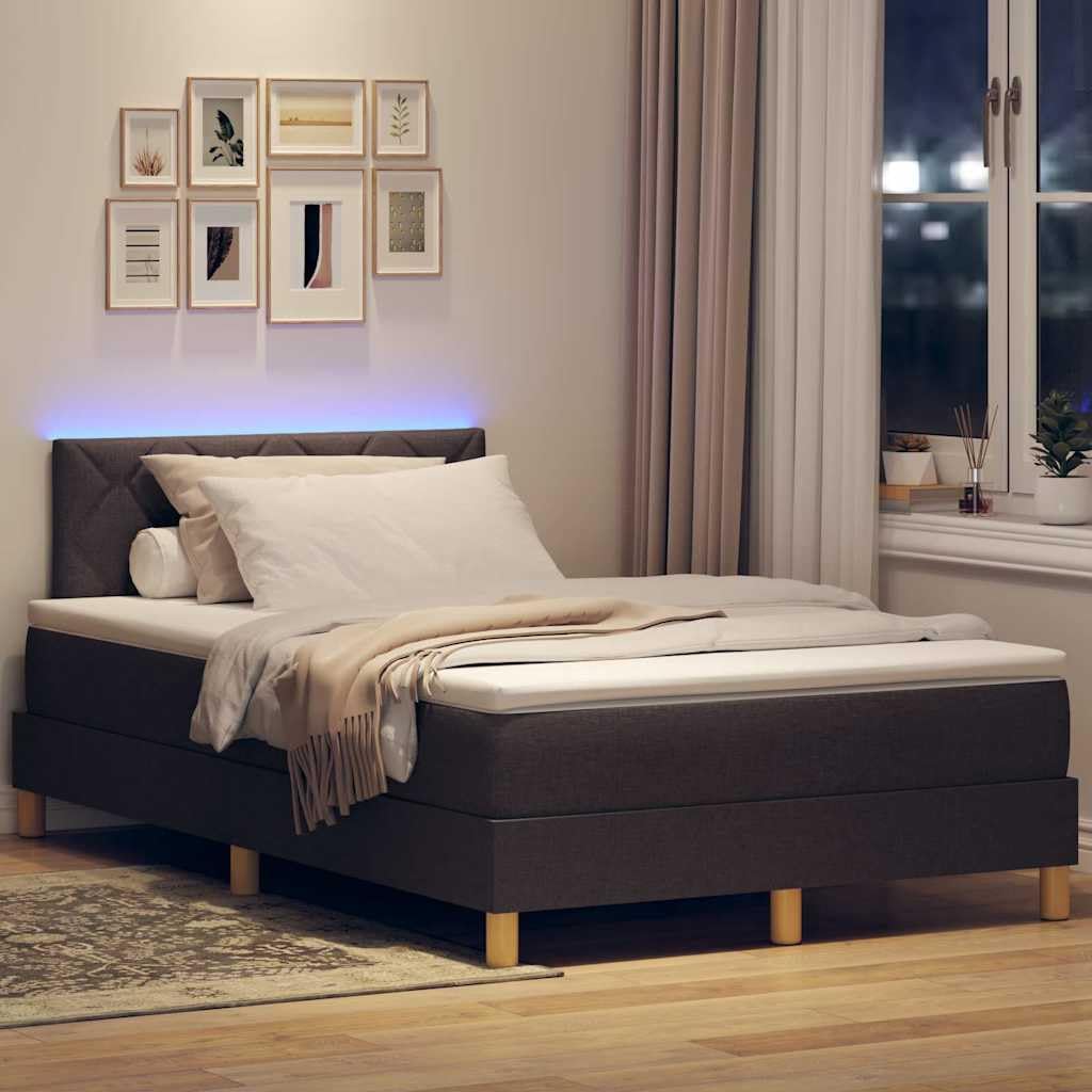 Cama con somier LED, color marrón oscuro, 120 x 190 cm, tela con cabecero ajustable y tiras LED RGB, estructura de madera estable para dormitorio