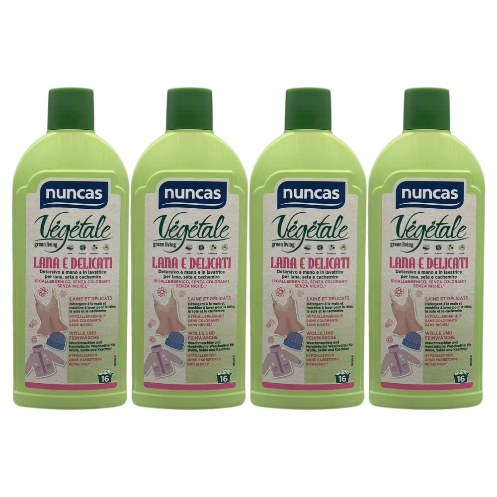 Detersivo a Mano e in Lavatrice per Lana, Seta e Cachemire, Ipoallergenico, Senza Coloranti, Senza Nichel, 500ml (4 Unità)
