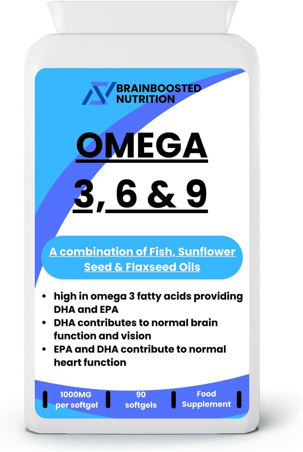 Omega 3-6-9 1000mg – Fish Oil, Flaxseed Oil & Sunflower Oil – Provides EPA, DHA & ALA – 90 Softgel Capsules – High Strength Essential Fatty Acids for Heart, Brain and Eye Health