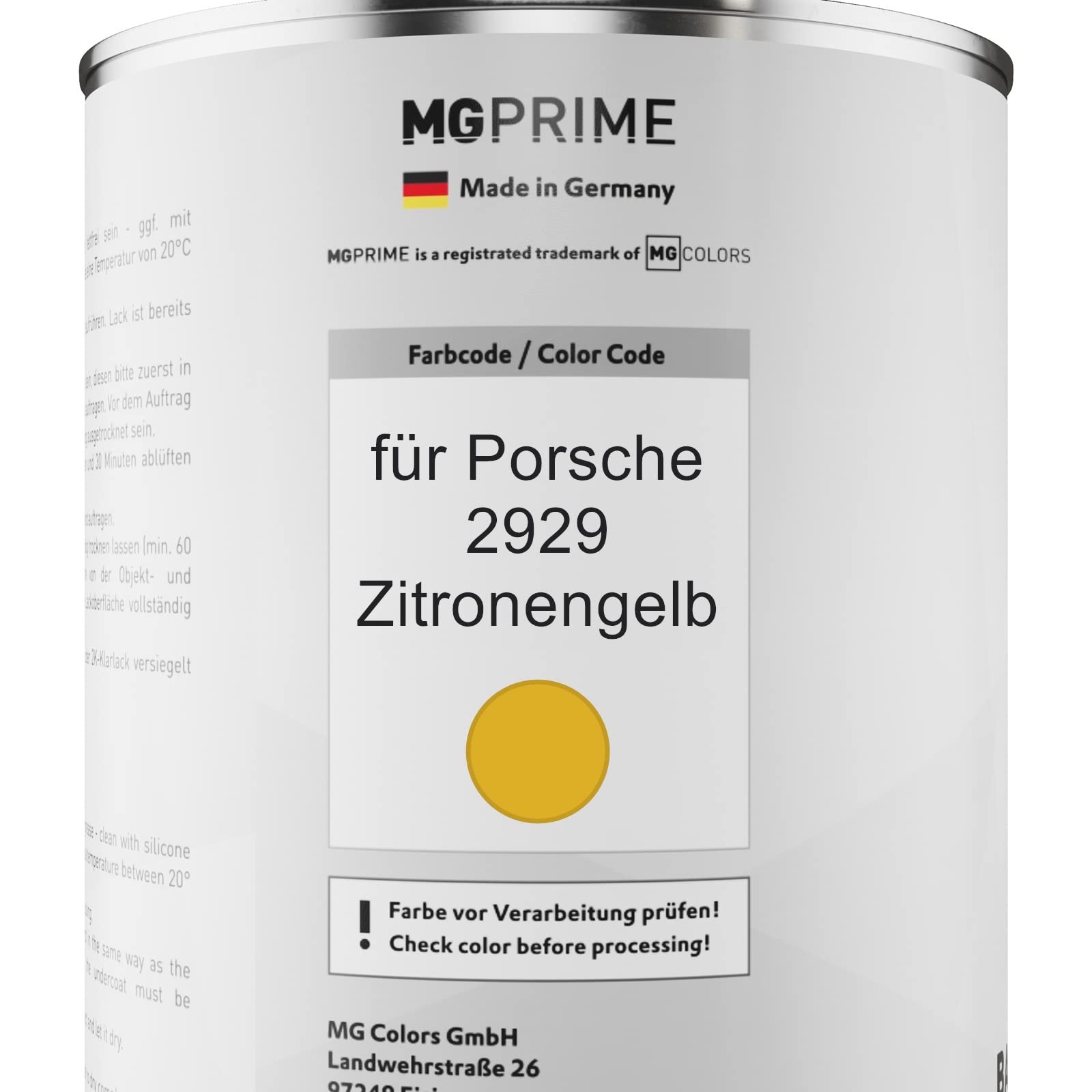 MG PRIME Lakier samochodowy Zestaw puszek dla Porsche 2929 Zitronengelb Lakier bazowy 2K Utwardzacz do lakieru bezbarwnego gotowy do natrysku 2,5L