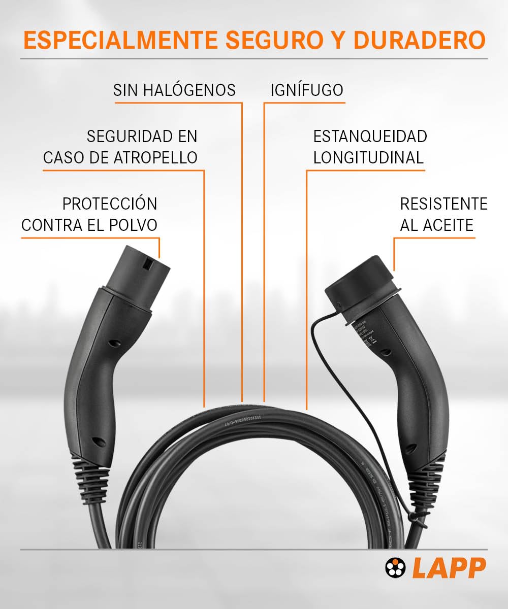 Lapp Mobility EV Cable de Carga Tipo 2, 22 kW/Liso / 32 A/Trifásico/Cable de Carga para Coches eléctricos/Modo 3 / 7m