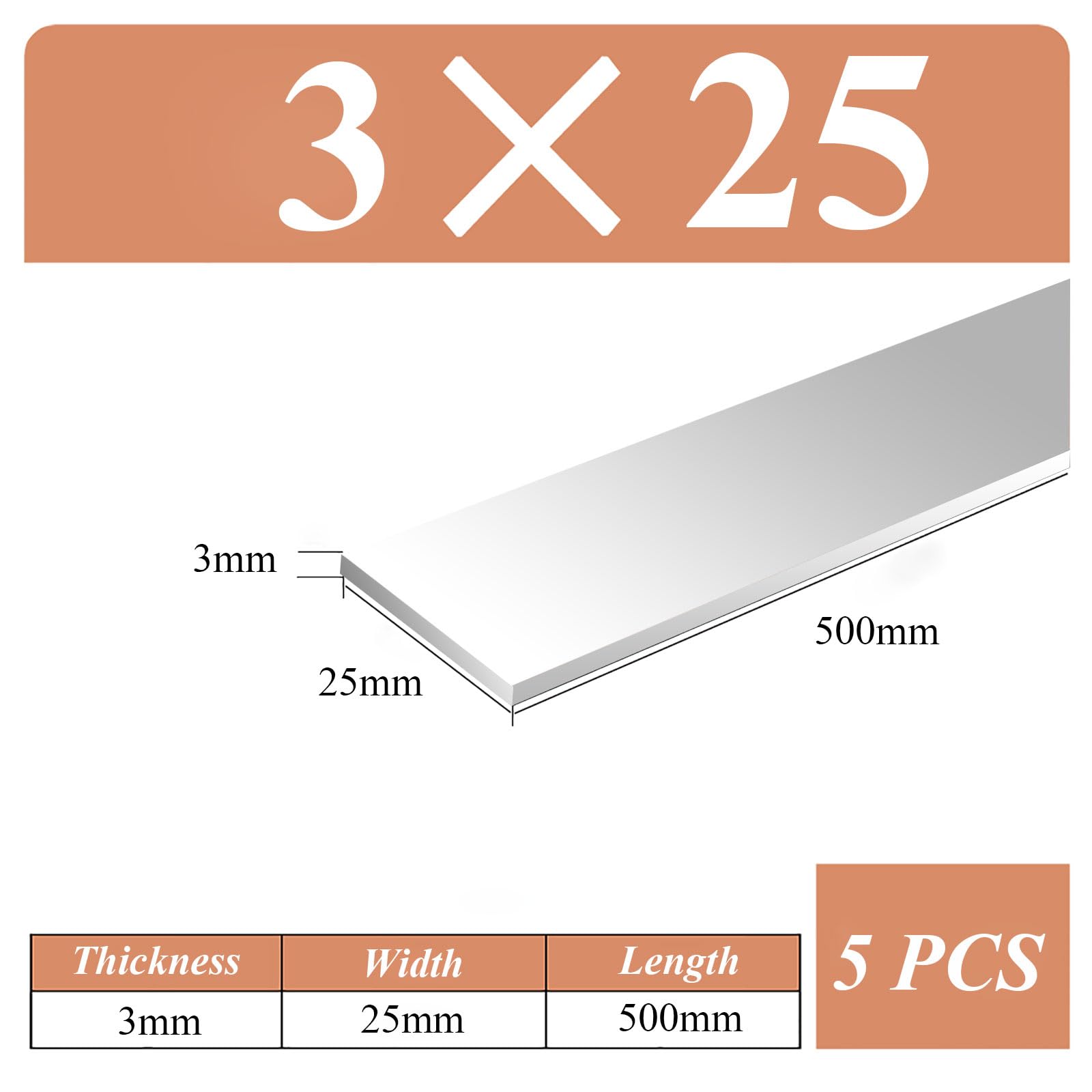 Aluminium Aluminium Flachstange/Platte 5 Stück, 3X20/25/30X500mm Aluminium Flachstange, 6061Solid Neue Mühle Lager,(3 * 25 * 500mm 5)