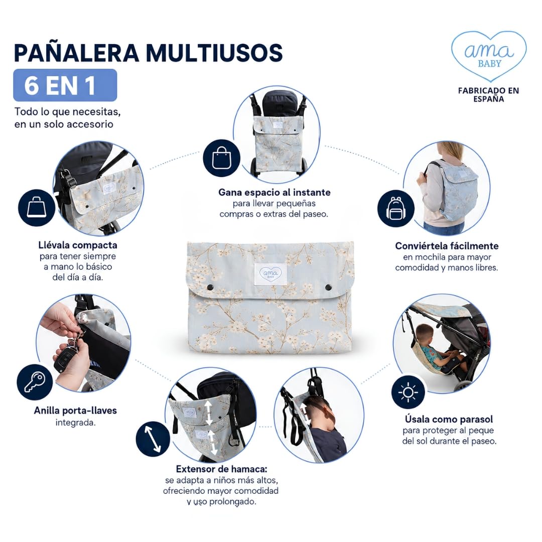 Hamaca Carro Bebé 2 en 1 - Asiento Extra Hermano Mayor - La Solución para Dos Niños - Alternativa a Patinete - Niños 2 a 6 Años Max.20 kg - Fabricada En España - Incluye Pañalera multiusos | Un lugar donde descansar para el hermano mayor