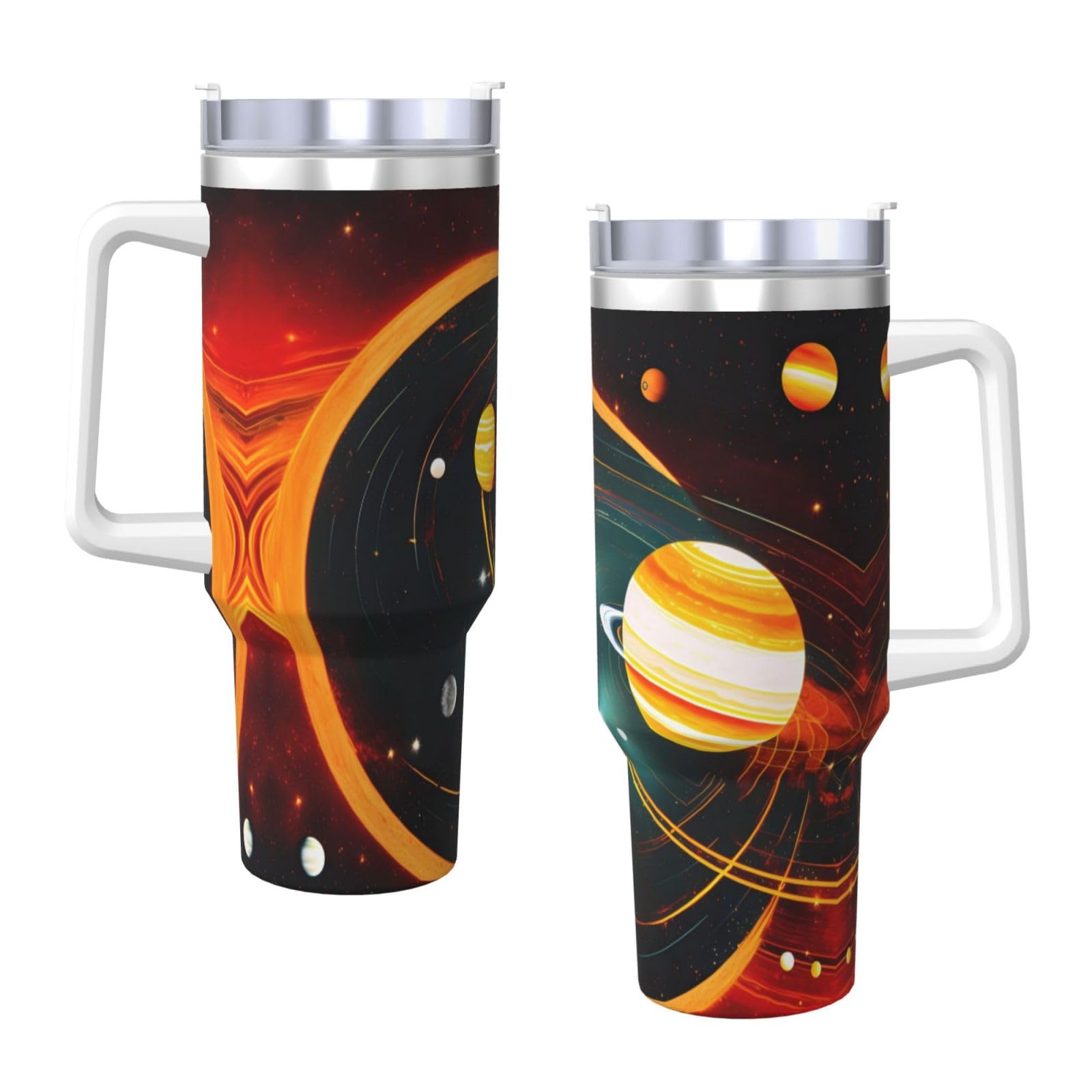 Solar System Jupiter Saturn Wasserflasche aus Edelstahl, doppelwandig, isoliert, mit Griff und Strohhalm-Deckel, 1,2 l