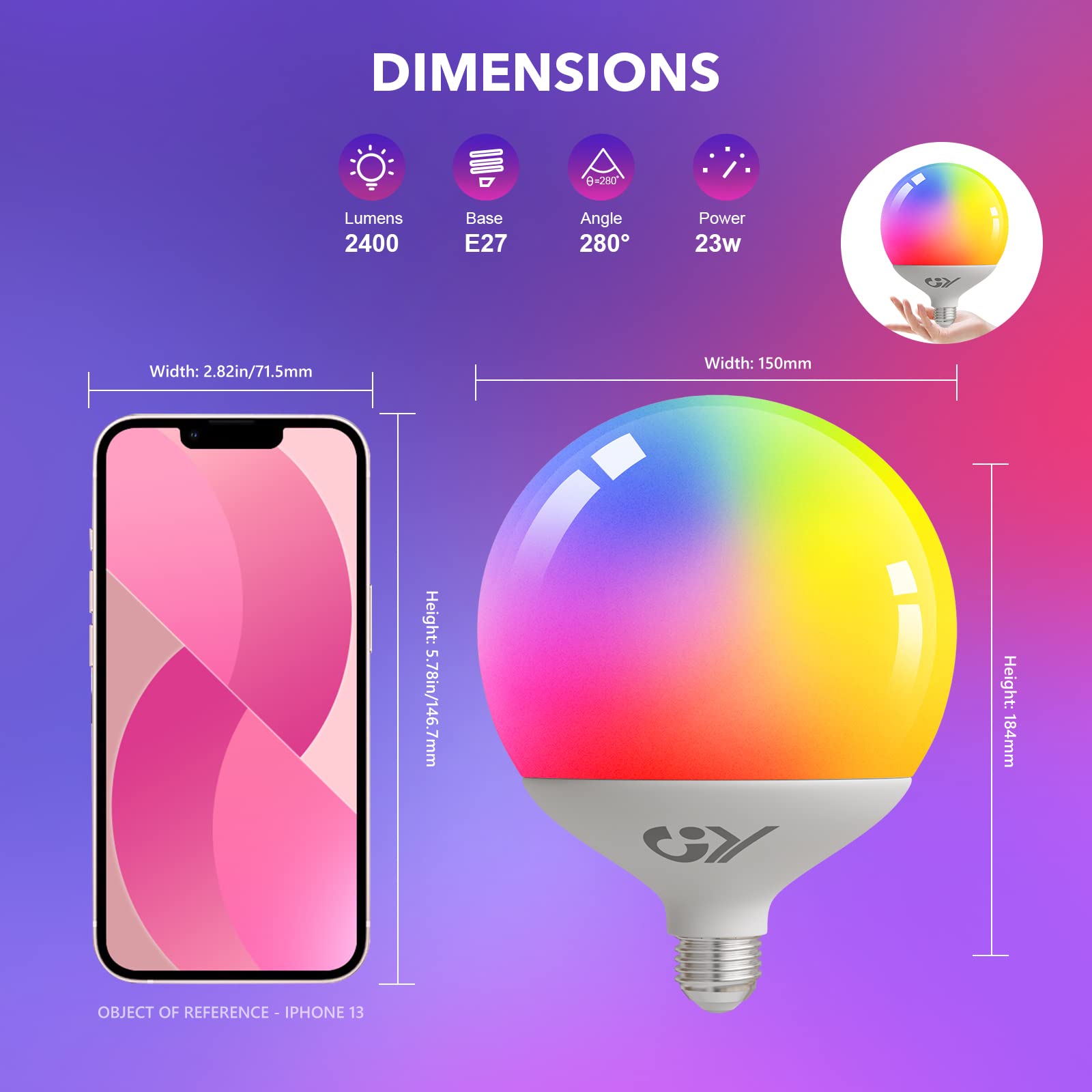 GY Lampadina WiFi Smart globo, LED 23W lampadine a E27 casa intelligente 2500LM,Multicolore regolabile RGBCW dimmerabile bulbo, applicazione di controllo 2700k-6500k, Compatibile con Alexa/Google home